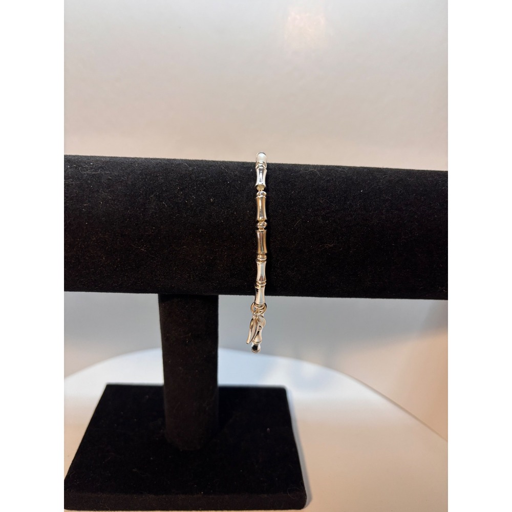 Silver Bamboo Link Bracelet with Leaf Charm Adjustable 925 S-Hook Clasp